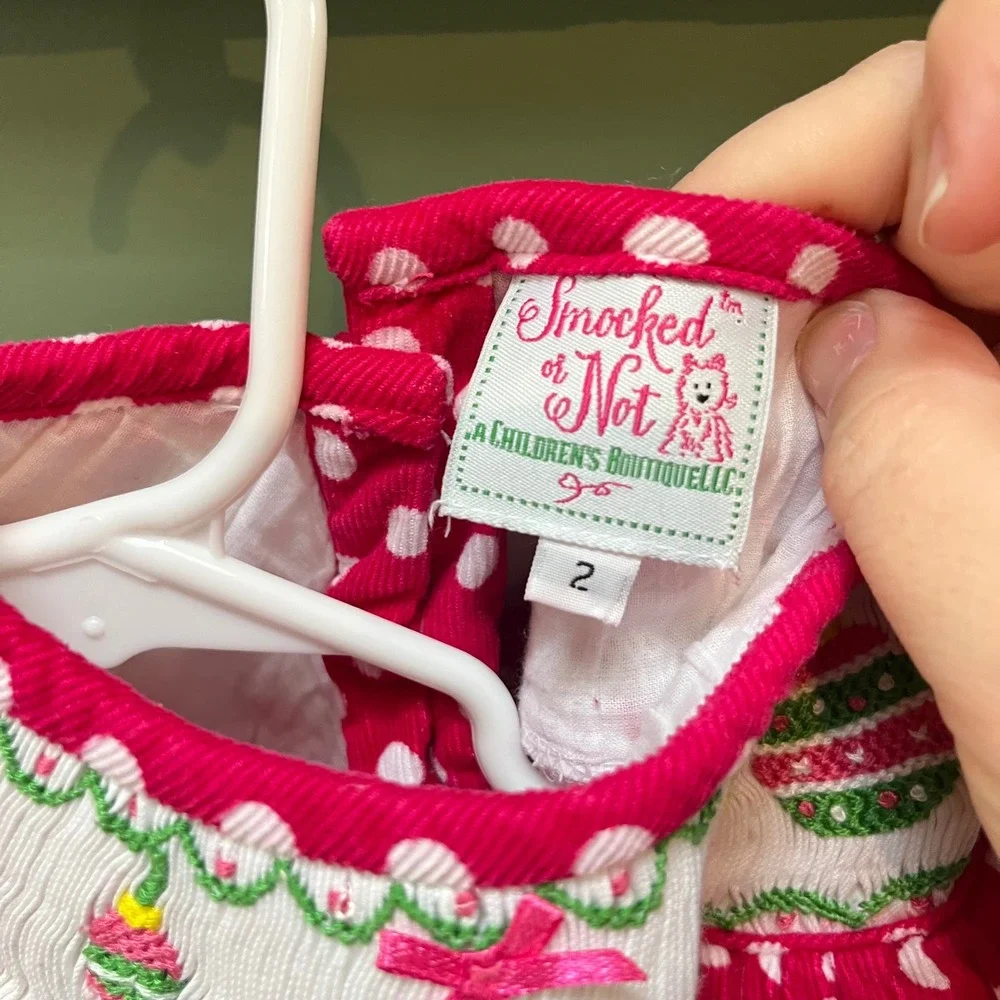 Smocked or Not Kids Dress Size 2 Pink White Polka Dot Smock Christmas‎ Ornaments